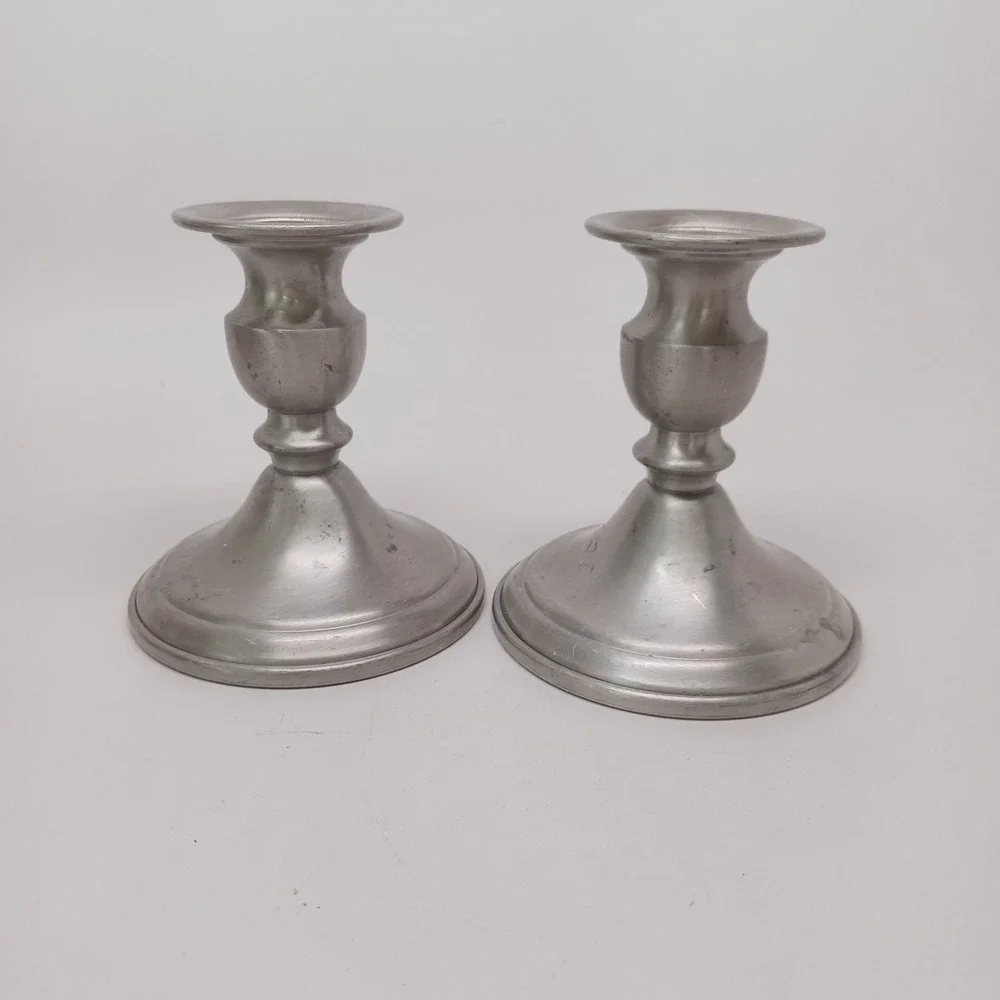 Web Pewter Weighted Candlestick Pair Silver Tone Taper Candle Holders Set of 2